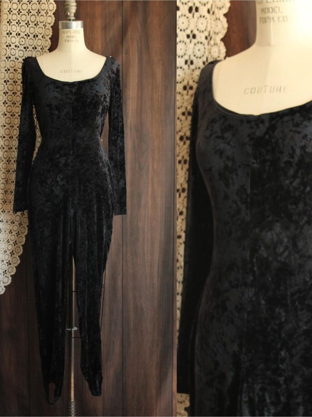 Vintage 1980s 1990s Catsuit, Volup JM By Shelli Segal Black Crushed Velvet Jumps